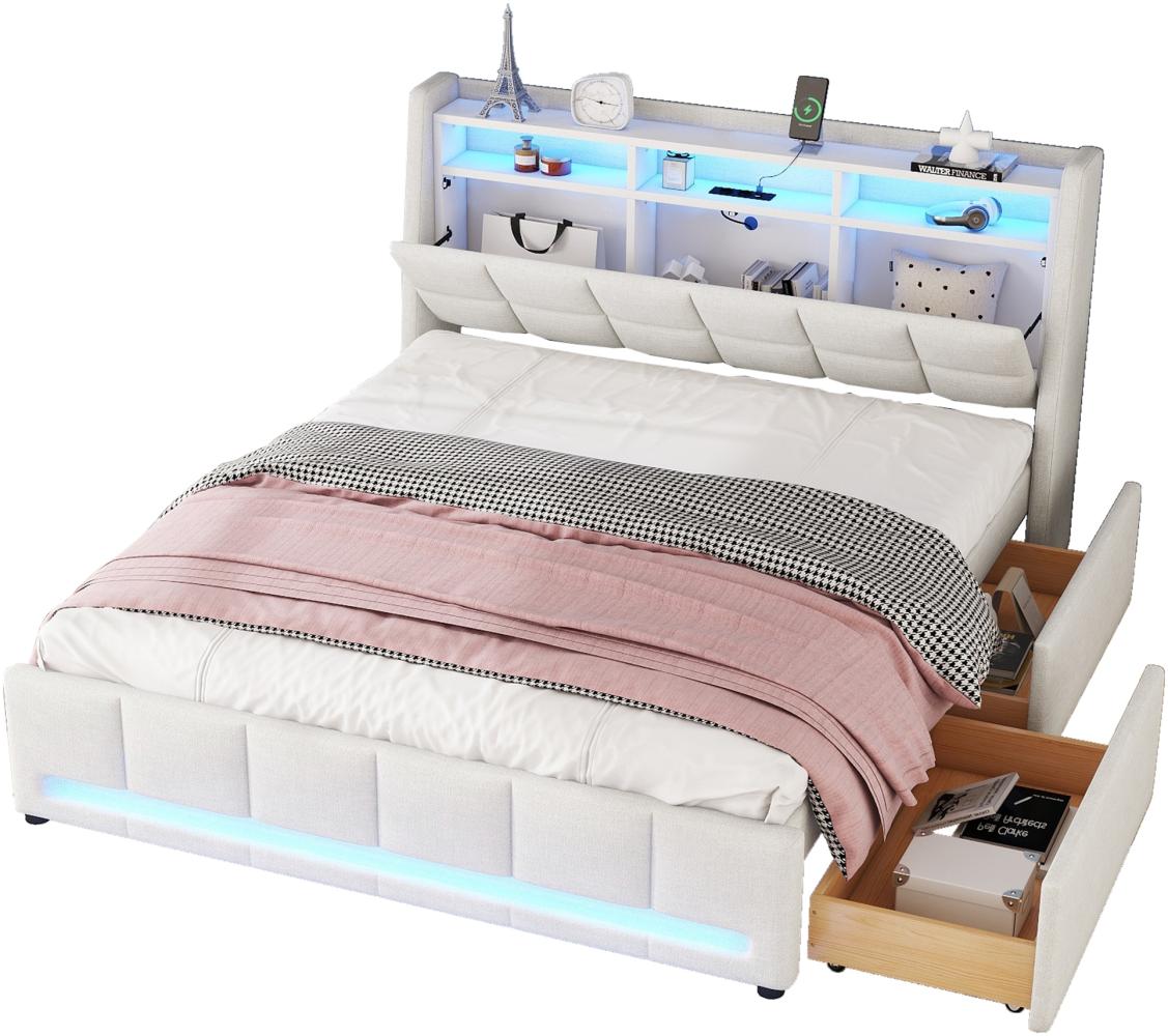 Merax Polsterbett, 140 x 200 cm, Ohne Matratze, APP-Fernbedienung LED-Licht, Bett mit Schubladen mit Steckdosen und USB, Eingebautes Staufach, Leinen, Beige Bild 1