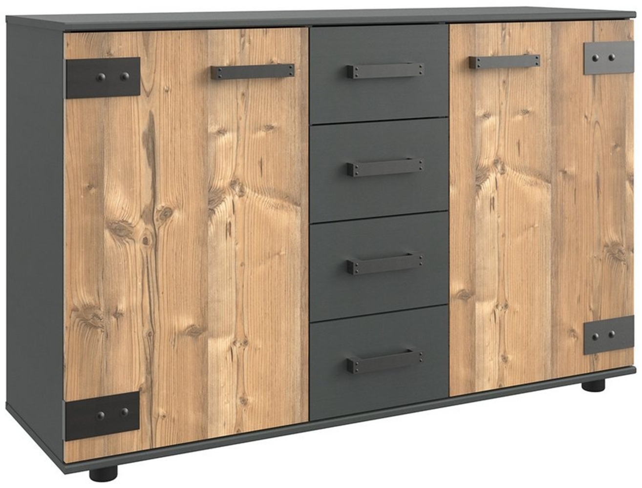 Lomadox Kommode SUNDERLAND-43, graphit grau Fichte Industrial Design Kommode 130x83x41 cm Bild 1