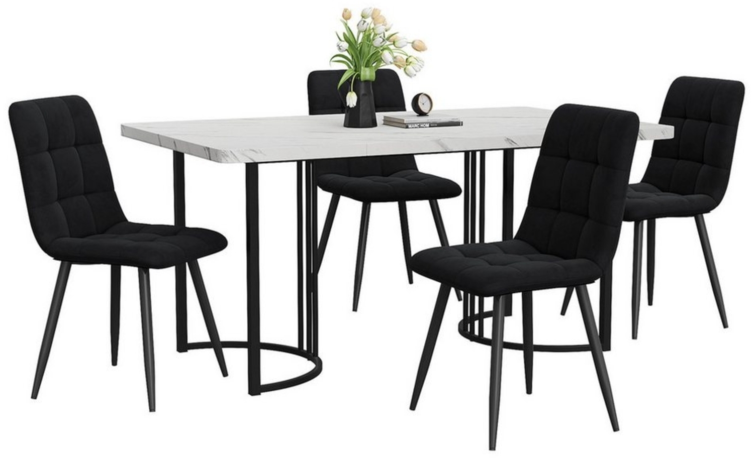 autolock Essgruppe Essgruppe (5-tlg),Esstisch mit 4 Stühlen Set,Moderner Küchentisch Set, 140×80cm,MDF Tischplatte in Weißer,Schwarz Samt Esszimmerstühle Bild 1