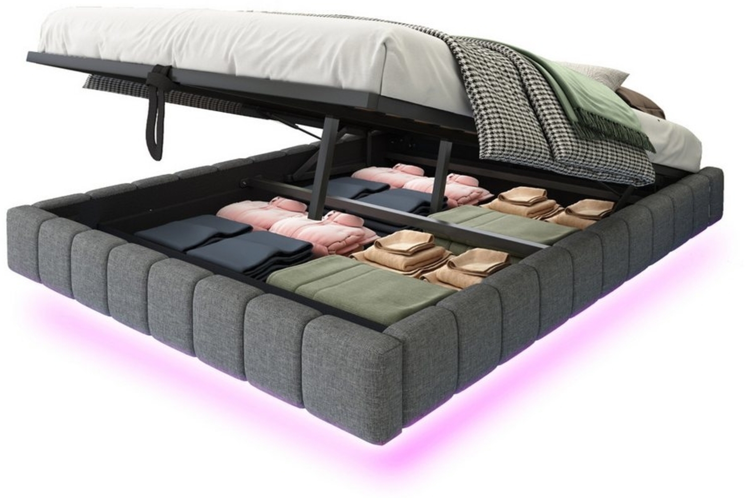 OKWISH Polsterbett Funktionsbett,Kinderbett,Jugendbett,Gästebett (mit Stauraum und LED-Beleuchtung – Multifunktionales Design ohne Kopfteil, Luftdruck-Lagersystem, Robuster Metallrahmen für 250 kg Belastbarkeit, Perfekt für Schlafzimmer und moderne Woh... Bild 1