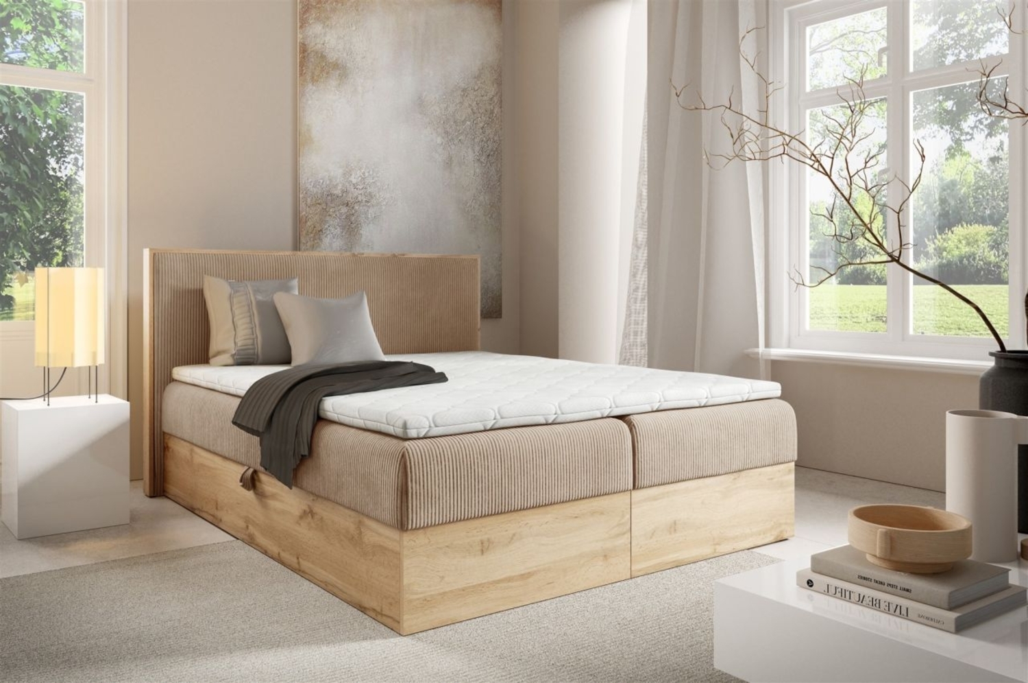 Boxspringbett Schlafzimmerbett ROLAND 160x220cm in Stoff Lincoln Hellbraun Bild 1