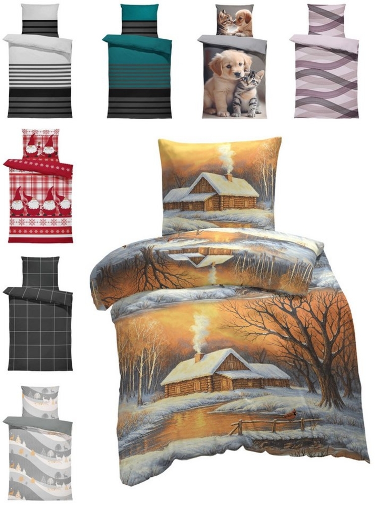 One Home Bettwäsche Winter, Flanell, 2 teilig, Schneehütte Weihnachten, Baumwolle kuschelig warm weich Biber Winter Bild 1