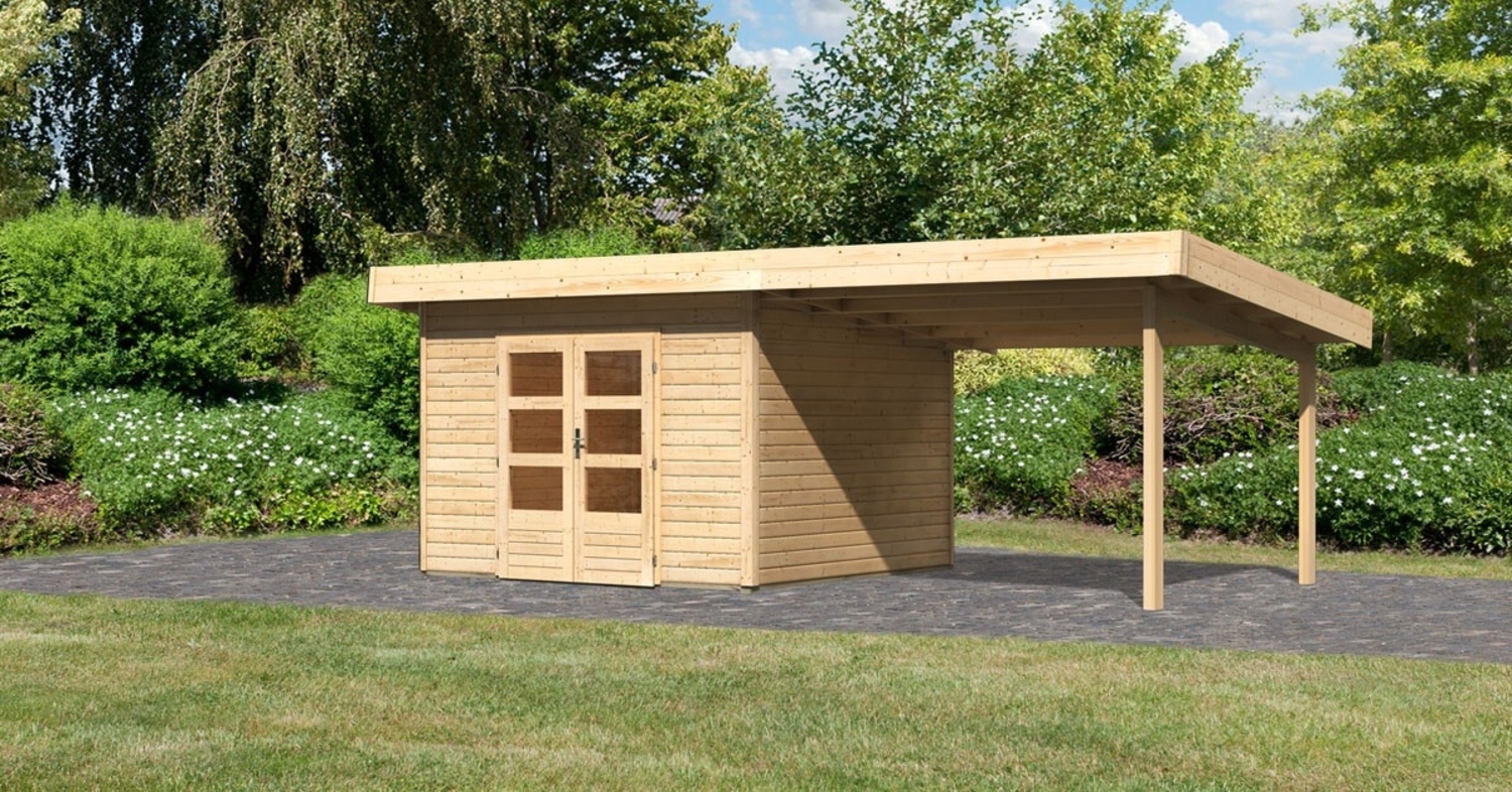 Gartenhaus Northeim 3 - 309x309 cm plus Anbaudach 3,30 m, 38 mm Holz naturbelassen, Karibu Bild 1