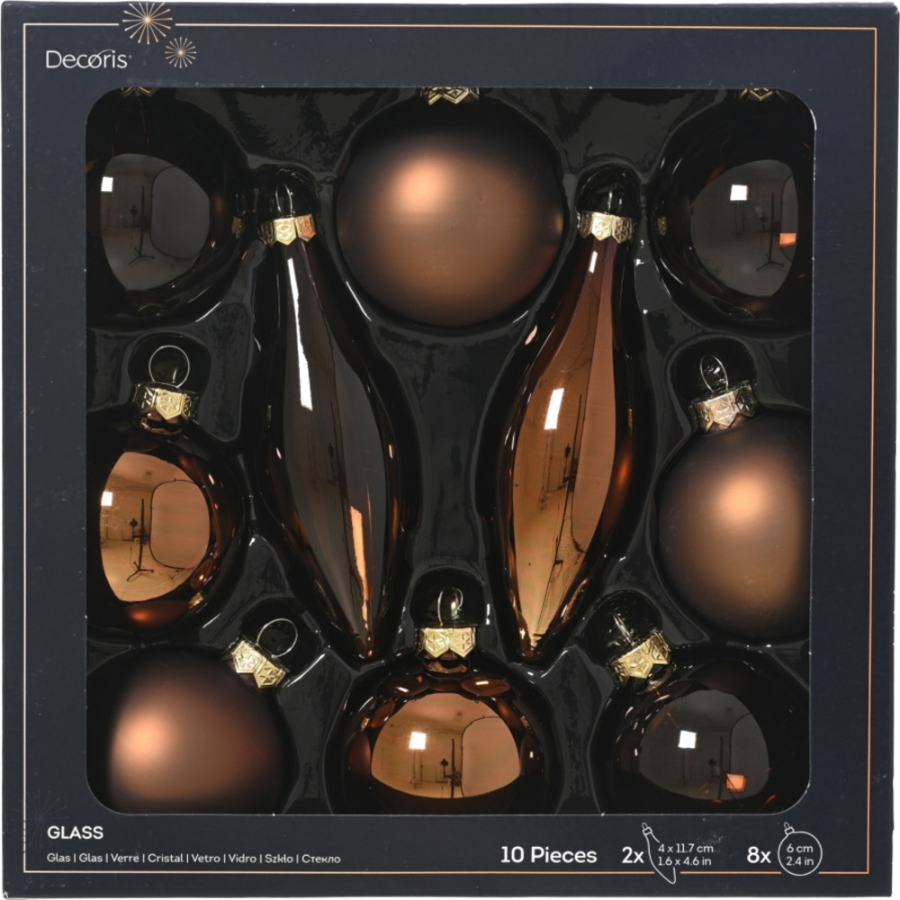Decoris Weihnachtskugeln mit Tropfen-Ornamente aus Glas Ø 6 cm espressobraun 10 Stück Bild 1