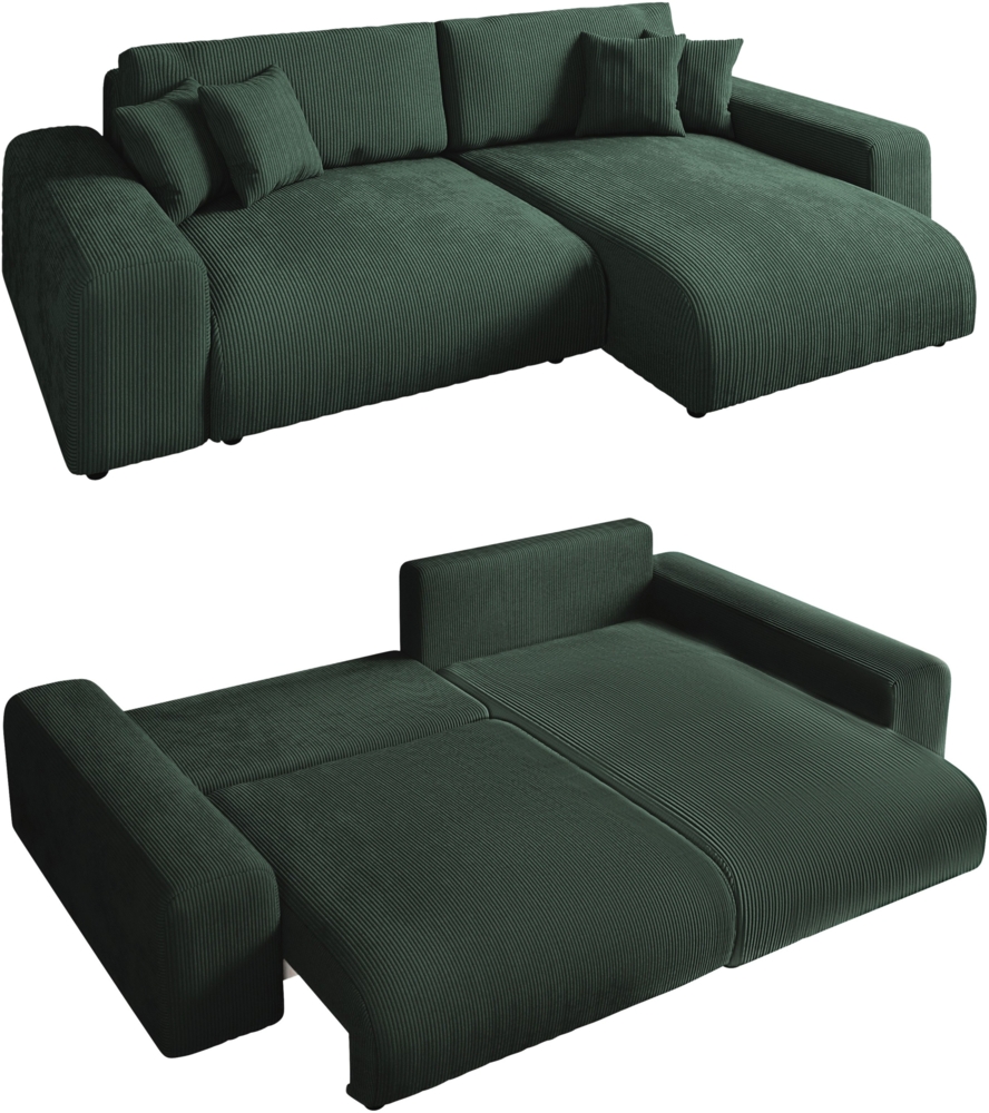 ECKSOFA mit Schlaffunktion, Bettkasten, Wellenunterfederung, seitenverkehrt montierbar B255/T165/H84 cm, Liegefl. 148x196 cm, Cord Grün Bild 1