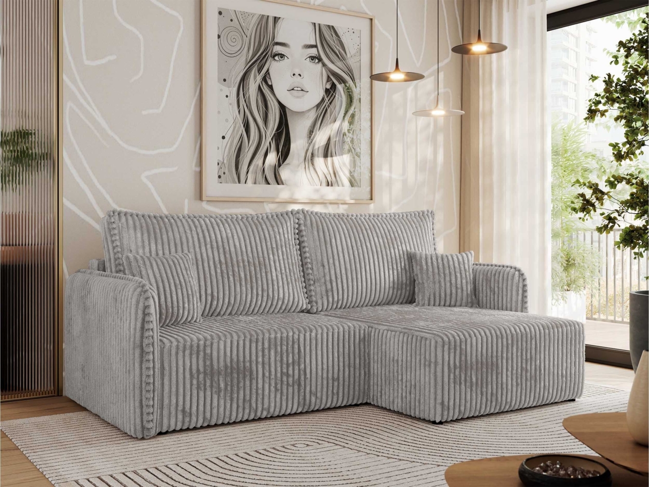 L-förmiges Ecksofa mit Armlehnen, für das Wohnzimmer, Schlaffunktion und Bettkästen, Wellenfeder am Sitz, losen Kissen - MESTO - Grau Cord - rechte Seite Bild 1