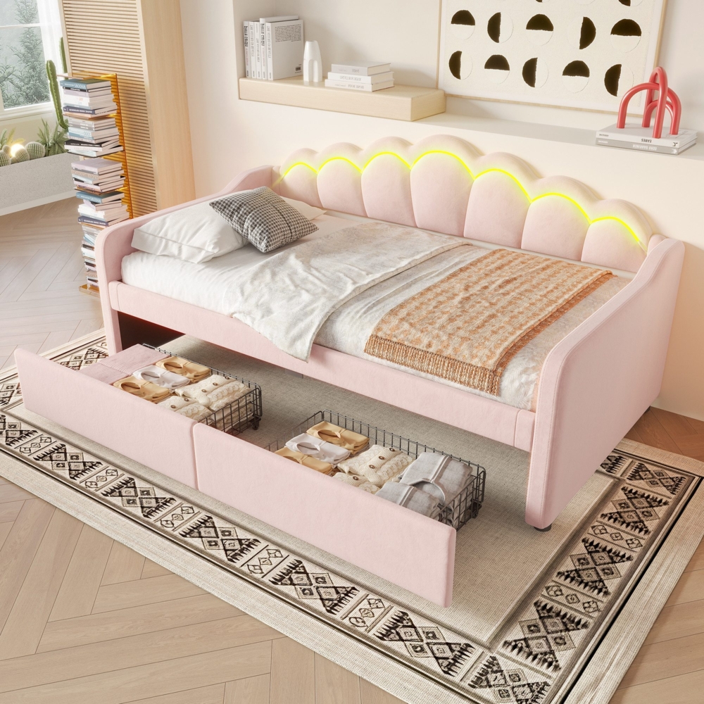 Schlafsofa mit LED-Beleuchtung, Schubladen und Lattenrost, 90x200 cm, Einzelbett, Polsterbett, Samt, rosa Bild 1