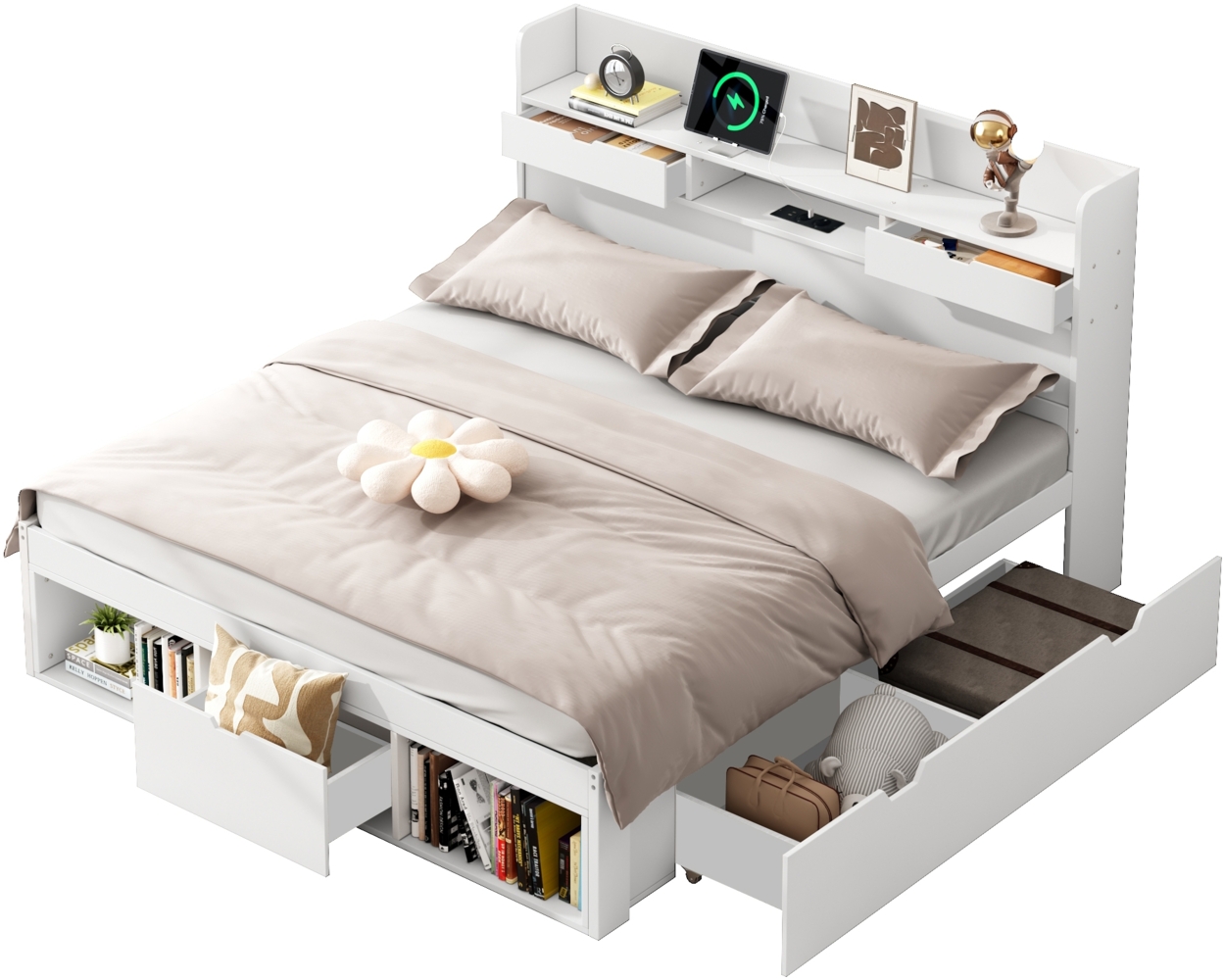 Merax Doppelbett, 180*200cm, Mit USB-port & Schubladen & Stauschrank, Kinderbett, Jugendbett, Multifunktionales Bett, Großer Stauraum, ohne Matratze, weiß Bild 1