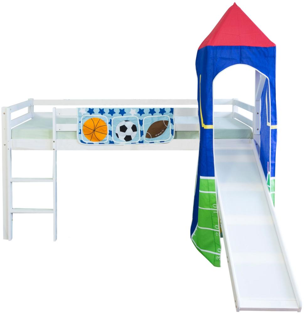 Hochbett Spielbett Kinder 90x200 cm mit Leiter & Rutsche, Turm Bettgestell, Holz Massiv, Blau Grün Bild 1