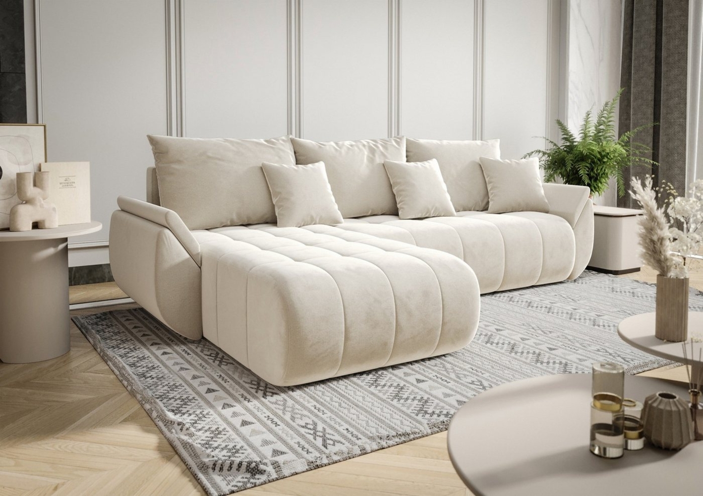 Ecksofa Schlafsofa AKITA Stoff Monolith Creme Ottomane Links Bild 1