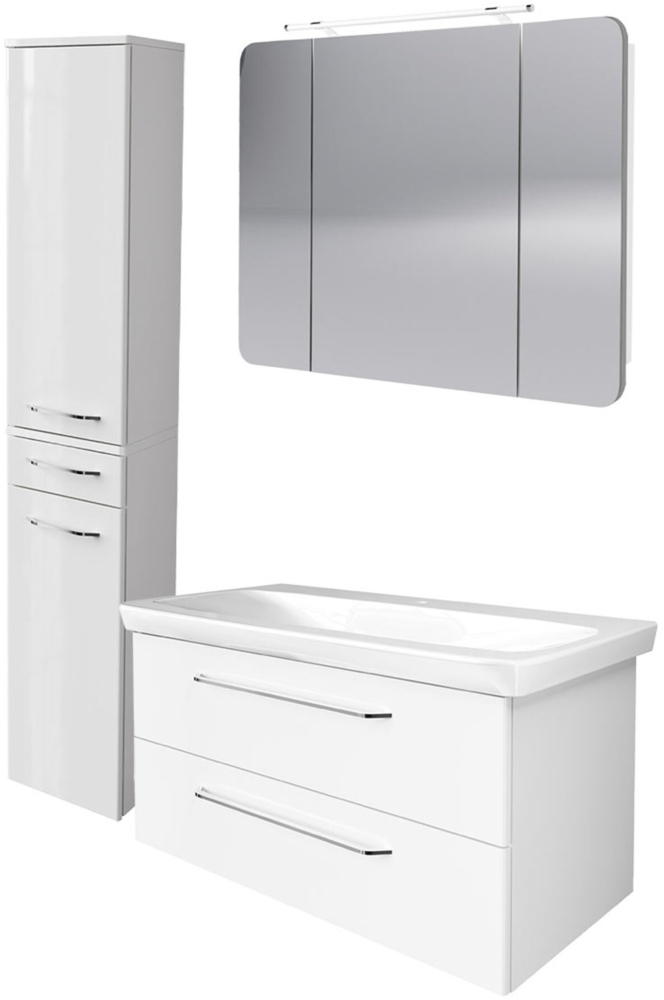 FACKELMANN MILANO Badmöbel Set 4-teilig, 107 cm breit, Weiß, Waschbecken Keramik, Spiegelschrank + Hochschrank Bild 1