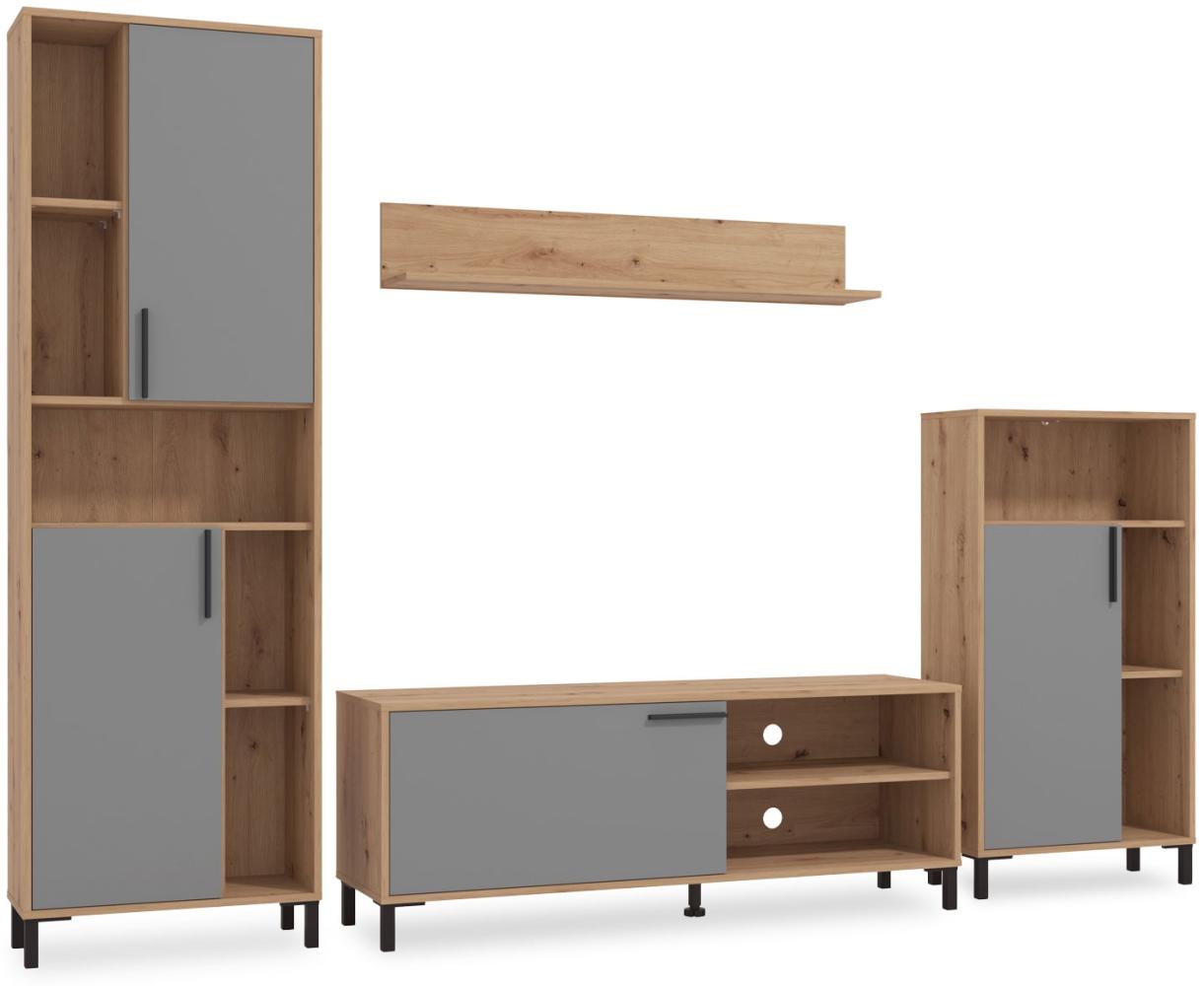 Wohnwand, Anbauwand, Modern Entertainment Center, Wohnzimmer-Set 4 tlg., Eiche, Grau Bild 1