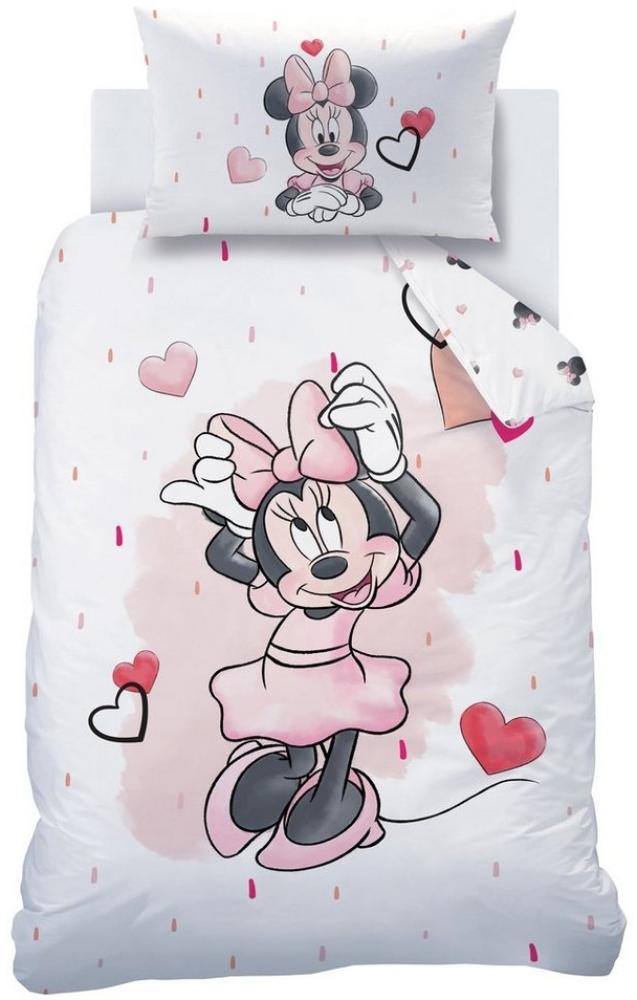 MTOnlinehandel Babybettwäsche Minnie Mouse 100x135 + 40x60 cm, 100 % Baumwolle, Biber, 2 teilig, süße Disney Minnie Maus mit vielen Herzchen in rosa, weiß & rot Bild 1