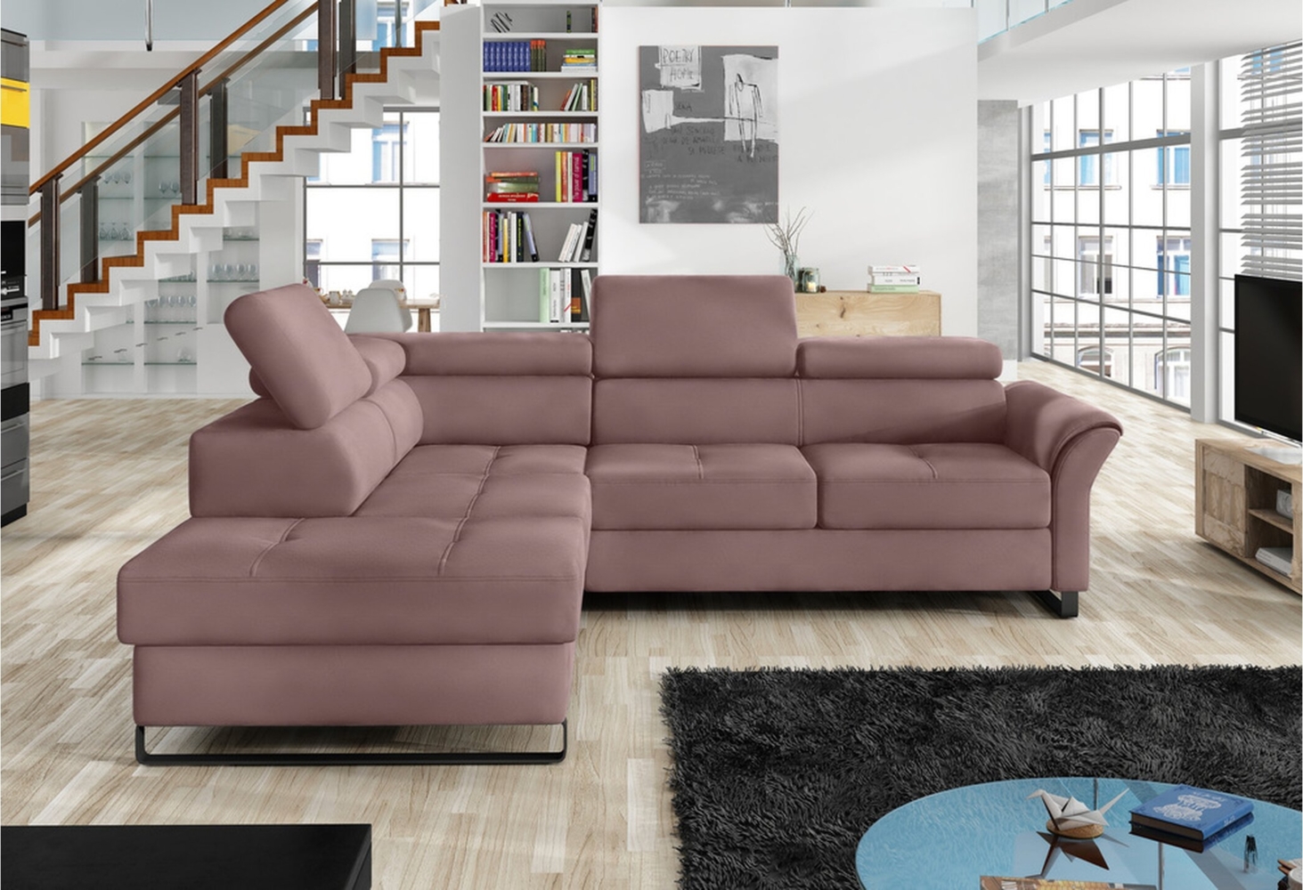 Stylefy Aventine Ecksofa Strukturstoff Rosa Links Bild 1