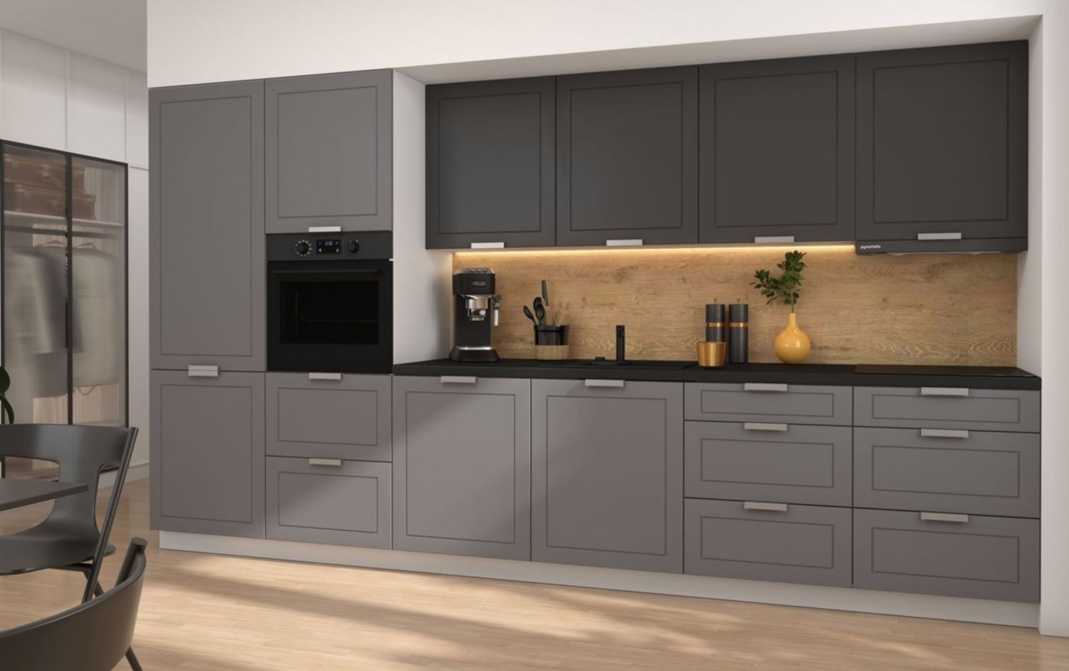 Küchenzeile KVANTUM 360cm weiß Fronten MDF dust grey grahpit matt REJS Vollauszug Bild 1