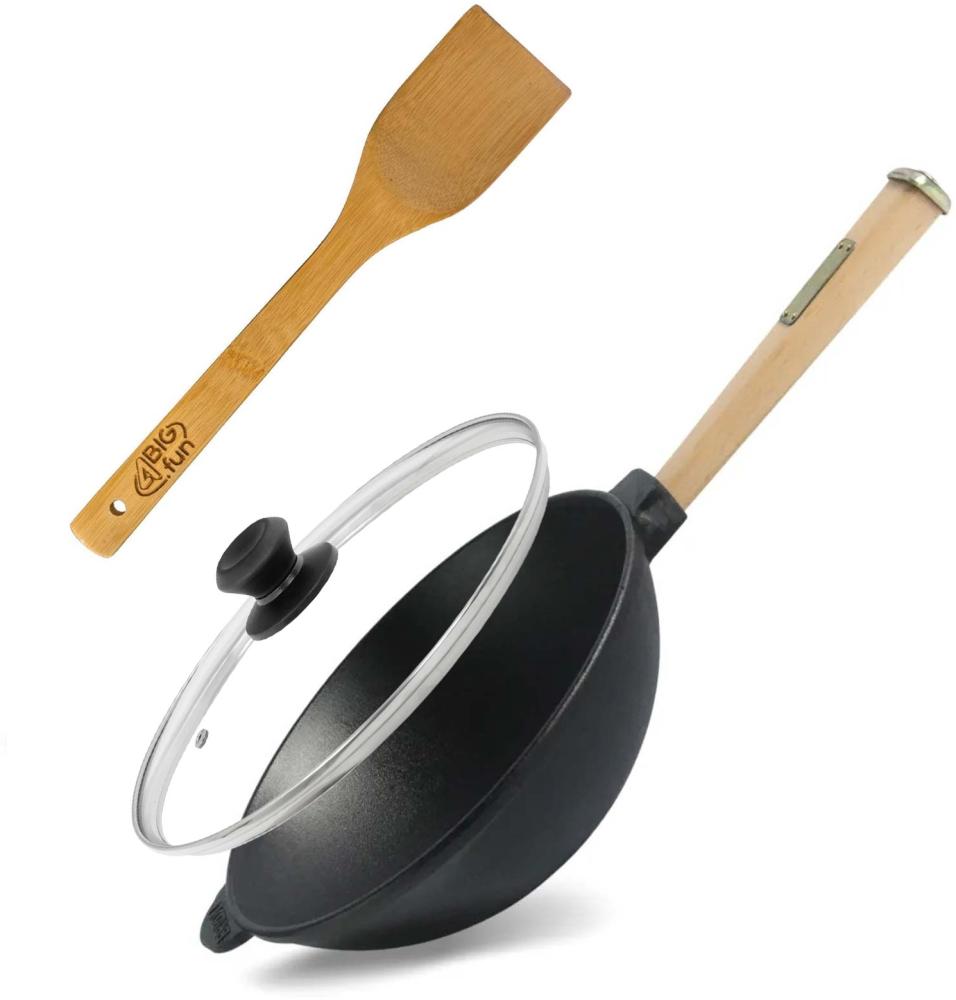 4BIG. fun Wok Wok Bratpfanne Ø24 cm 2,2 L aus Gusseisen, Gusseisen (mit Holzgriff Glasdeckel Asia Wokpfanne Induktion Pfannenwender), Holzgriff abschraubbar, Induktionsgeeignet Bild 1