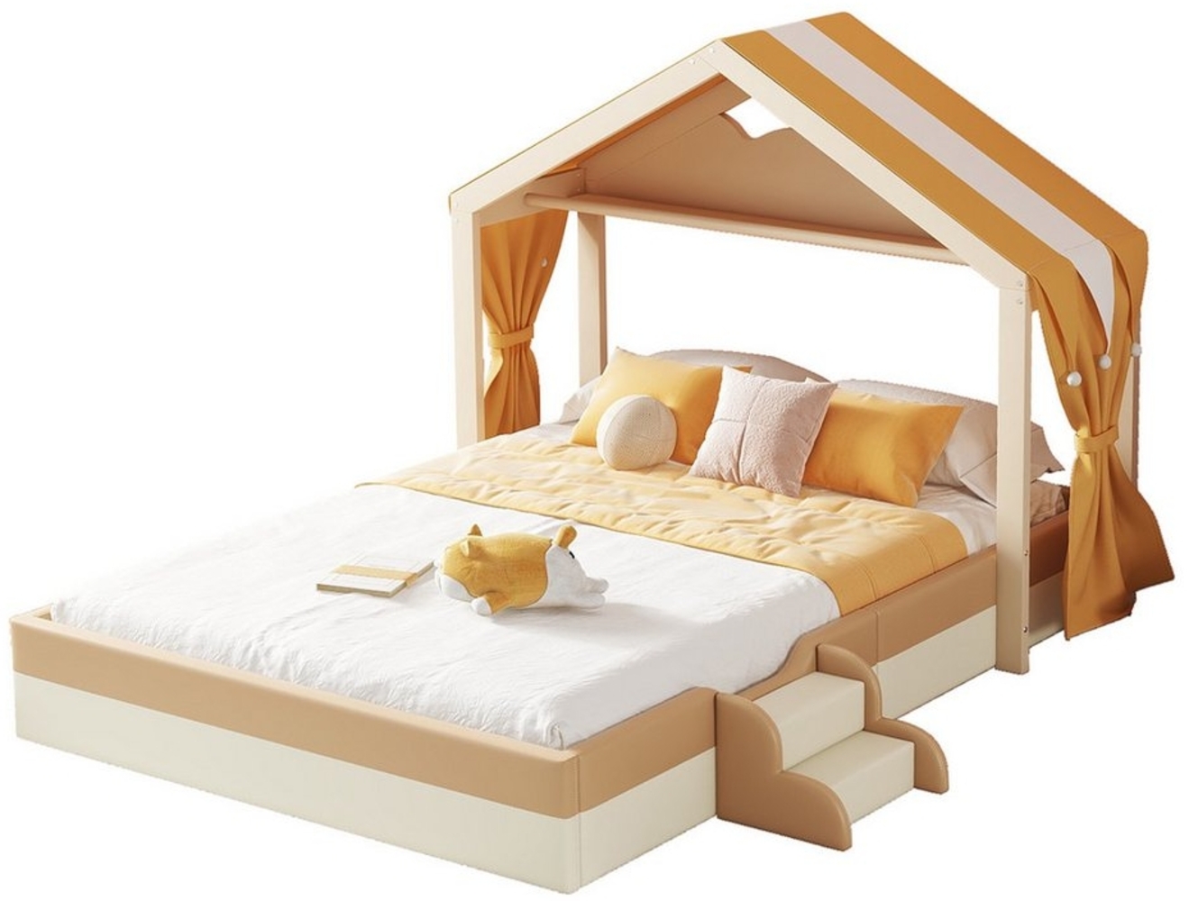 Flieks Polsterbett, Kinderbett Doppelbett 140x200cm Mit Dach und kleiner Leiter Bild 1