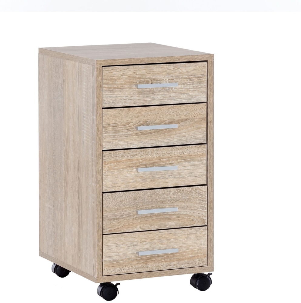 Rollcontainer Sonoma 33 x 63 x 38 cm Holz Schubladenschrank Schreibtisch, Büro Schrank mit 5 Schubladen, Container Rollschrank klein Standcontainer schmal, Schreibtischcontainer mit Rollen Bild 1