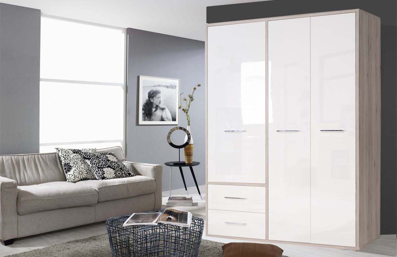 Kleiderschrank Schrank Sandeiche weiß hochglanz 147cm Bild 1