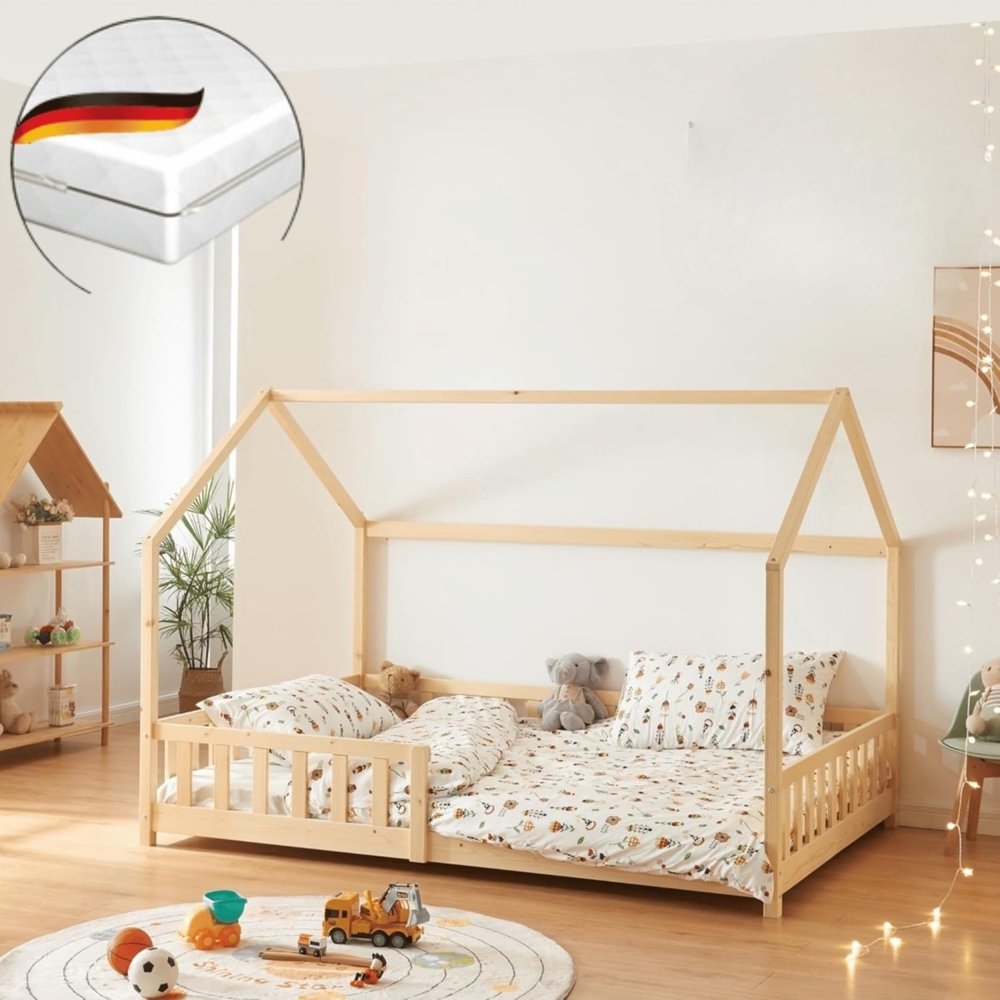 DELUKE® Kinderbett 140x200 OKLA - mit Matratze Lattenrost Rausfallschutz Haus-OptikEinzelbett aus Holz Hausbett Kinderzimmer Montessori Bett Braun Bild 1