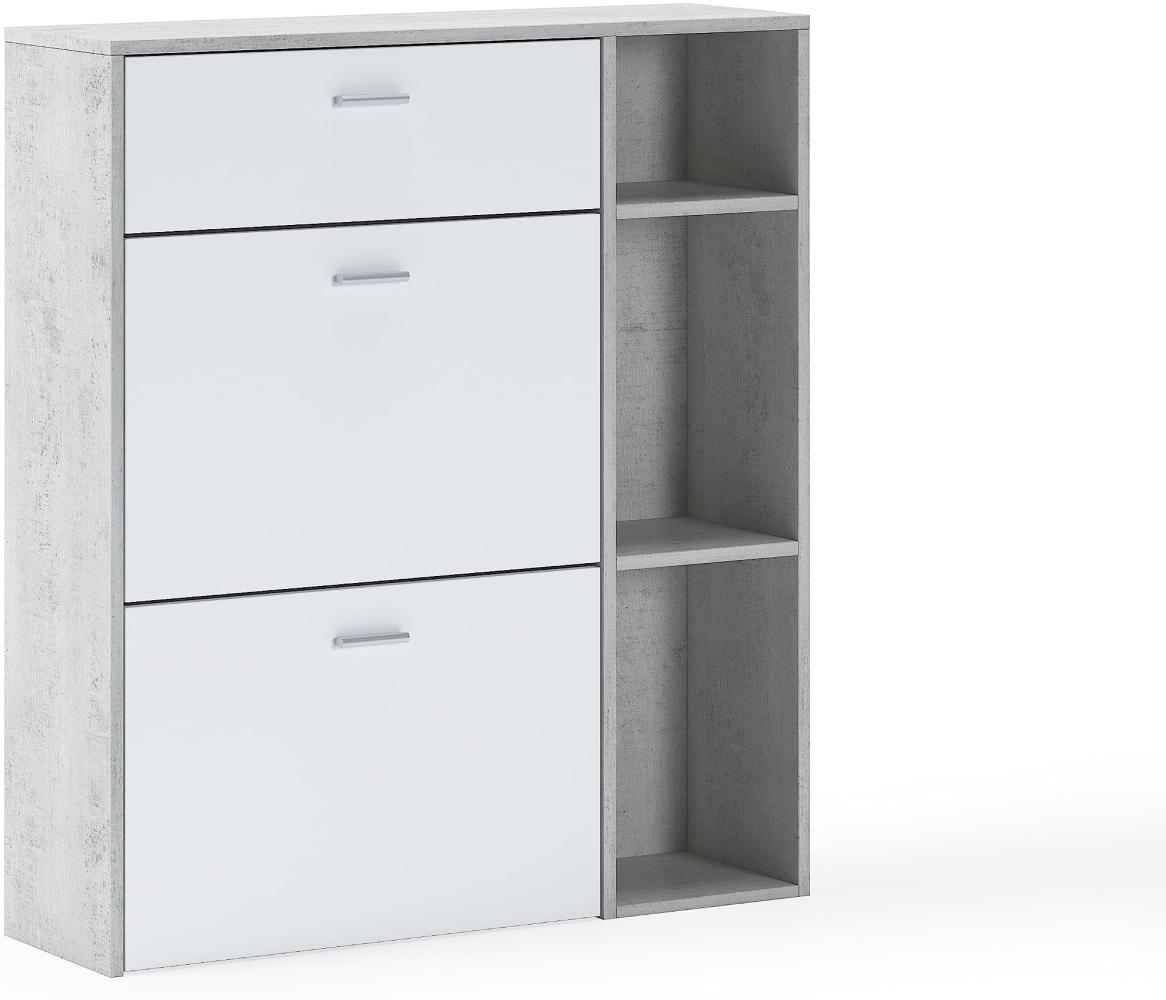 Skraut Home – Schuhschrank – 102 x 90 x 26 cm – Kapazität für 12 Paar Schuhe – 2 Flügeltüren + 1 Schublade – Windmodell – Zement/weißes Finish Bild 1