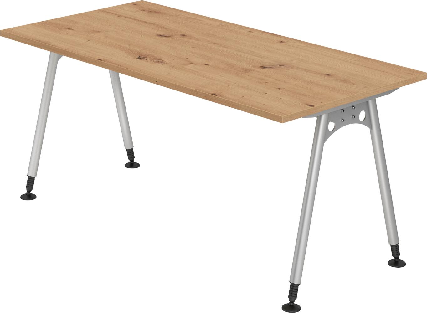 bümö® Schreibtisch A-Serie höhenverstellbar, Tischplatte 160 x 80 cm in Asteiche, Gestell in silber Bild 1