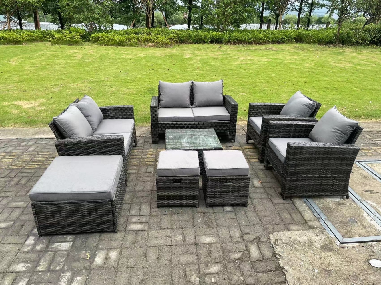 Fimous 9-Sitzer Dunkelgrau Gemischt Hoher Rücken Polyrattan Sofa Set Couchtisch Gartenmöbel Outdoor 3 Hocker Bild 1