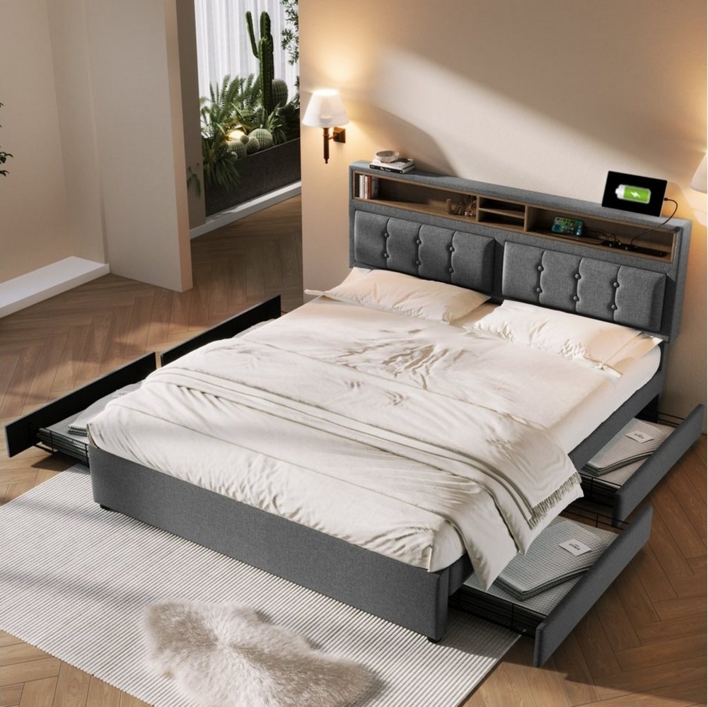 REDOM Polsterbett Doppelbett (mit USB/Typ-C Ladefunktion + 4 Schubladen 140x200 cm Leinen), ohne Matratze Bild 1