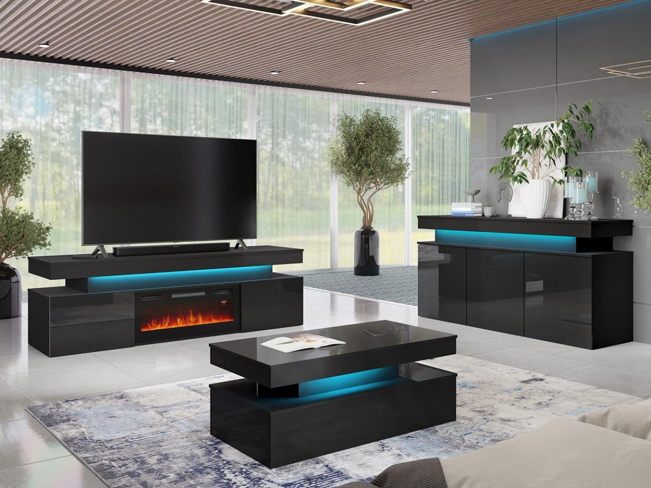 MIRJAN24 Wohnzimmer-Set Glossa II, (3er-Set, Kommode, TV-Lowboard mit Kamin, Couchtisch), mit blauer LED-Beleuchtung Bild 1