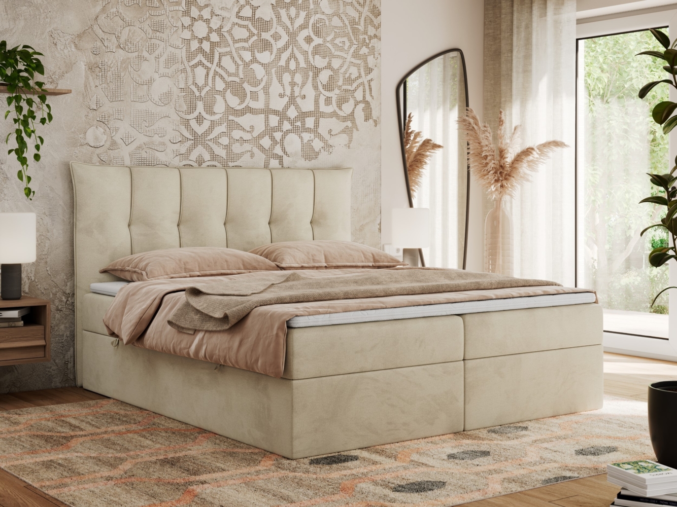 Boxspringbett, Polsterbett mit Bettkasten - PREMIUM-10 - 140x200cm - Beige Velours - H4 Bild 1