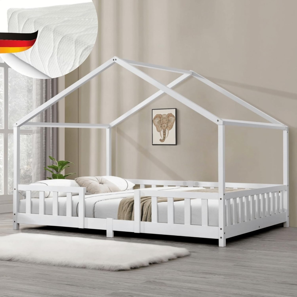 DELUKE® Kinderbett 120x200 cm MILA - mit Matratze Lattenrost Rausfallschutz Hausbett Kinder Haus Bett Kinderzimmer Bodenbett Einzelbett Kinder Bett Klein Kinderbett Montessori Bett Weiß Bild 1