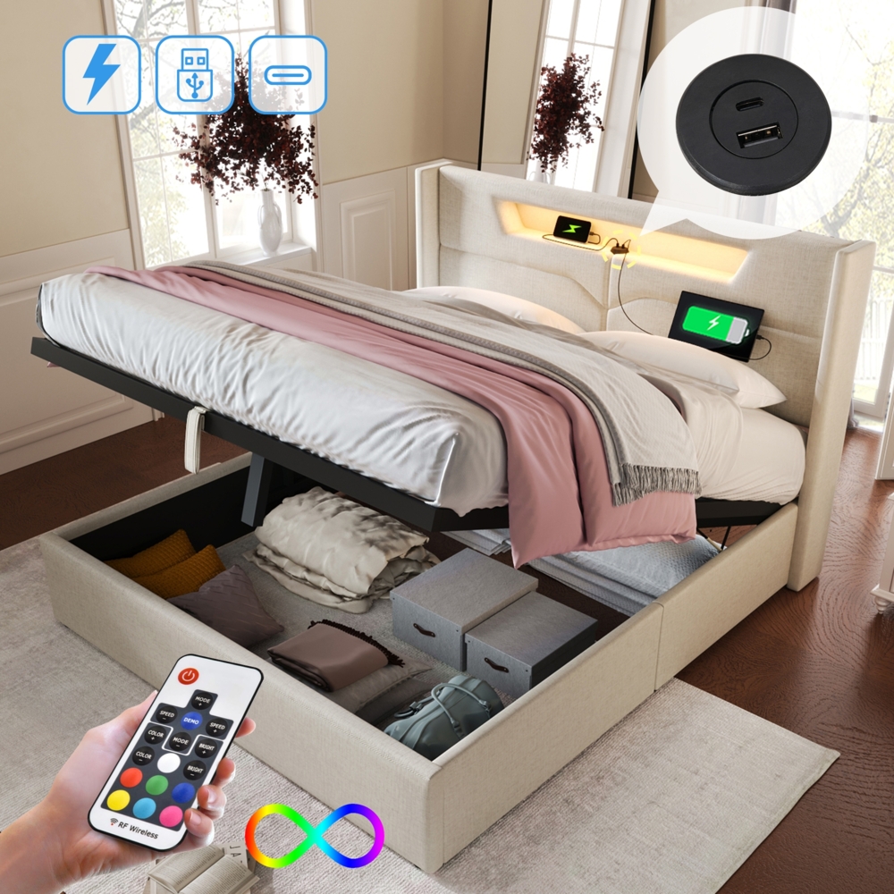 Polsterbett mit LED-Beleuchtung 160x200 cm, USB- und Type-C-Ladefunktion, verstellbarer Lattenrost,Beige Bild 1