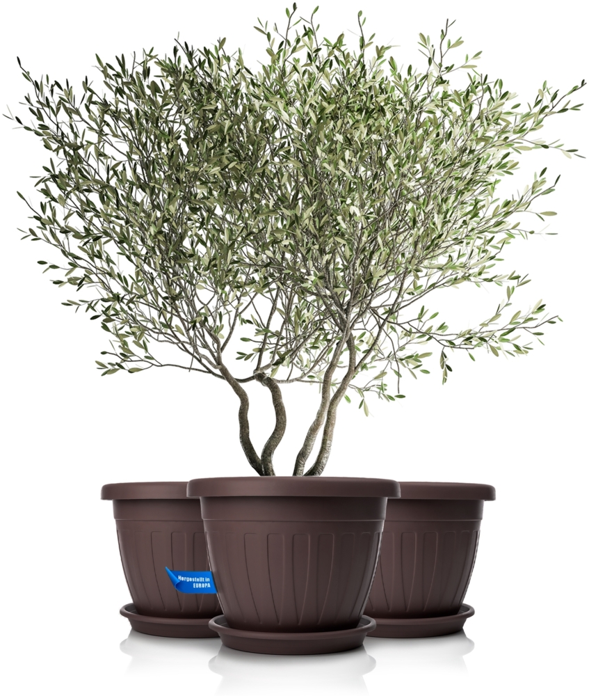 BigDean 3X Blumentopf mit Untersetzer rund ø50xH38 cm braun - wetterfester Pflanzkübel - Wasserablauf UV-beständig aus bruchsicherem Kunststoff - Innen + Außen geeignet - Made in Europe Bild 1
