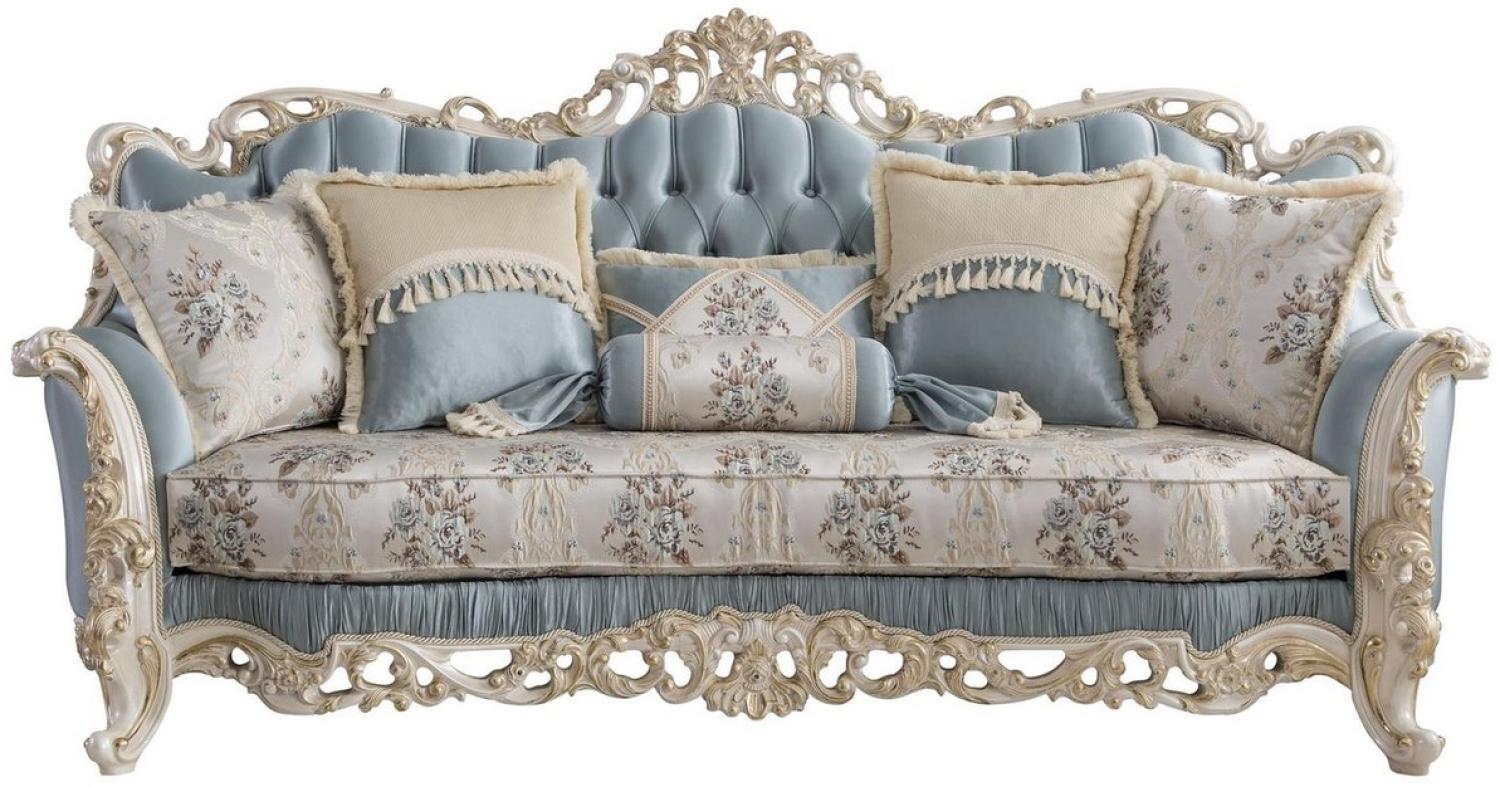 Casa Padrino Luxus Barock Wohnzimmer Sofa mit dekorativen Kissen Hellblau / Creme / Weiß / Gold 240 x 90 x H. 120 cm - Edle Barock Wohnzimmer Möbel Bild 1