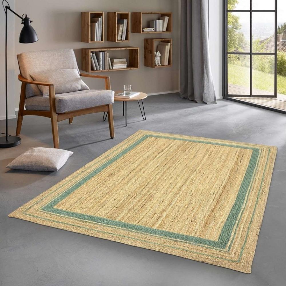 TaraCarpet Teppich Jute Durry Bordüre Flachgewebe Boho Modern, rechteckig, Höhe: 5 mm, Teppich Sisal optik Bordüre grün Wohnzimmer 80x150 cm Bild 1