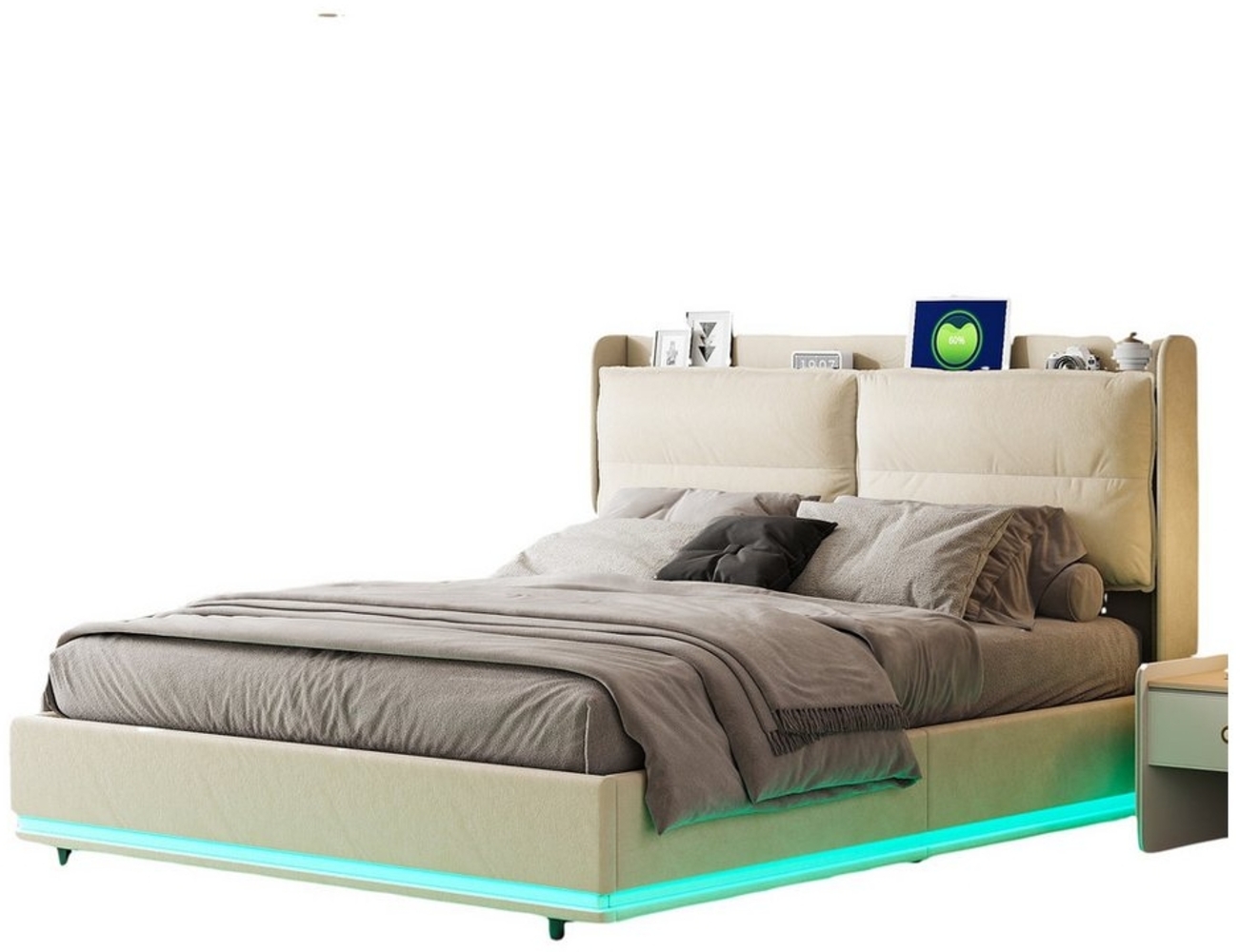 FUROKOY Stauraumbett Polsterbett Doppelbett mit LED-Beleuchtung (Gepolstertes Kopfteil mit USB- und Typ-C-Ladeanschlüssen), Hydraulisches Funktionsbett, ohne Matratze, Samt, Beige,160x200 cm Bild 1