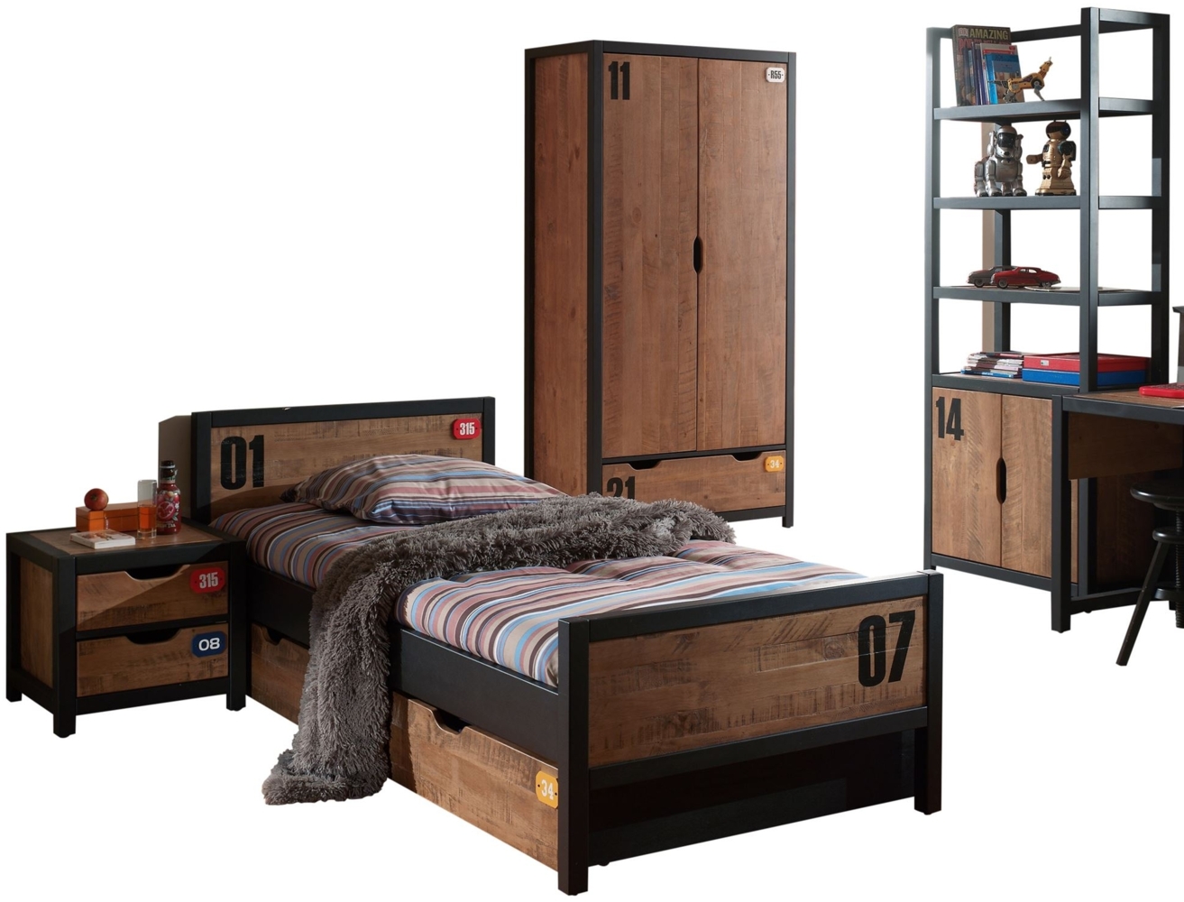 Kinderzimmer Set komplett Kameko 8 Massivholz+MDF Schwarz/Cognac Bild 1