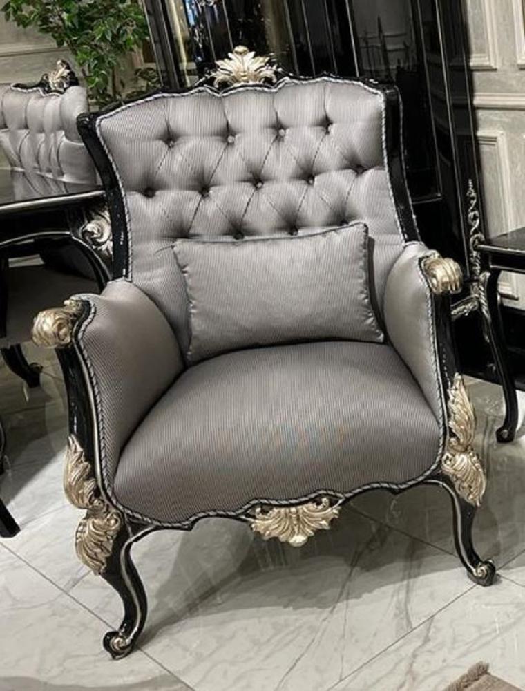 Casa Padrino Luxus Barock Wohnzimmer Sessel Silber / Schwarz / Silber - Handgefertigter Barockstil Sessel mit dekorativem Kissen - Barock Wohnzimmer Möbel Bild 1