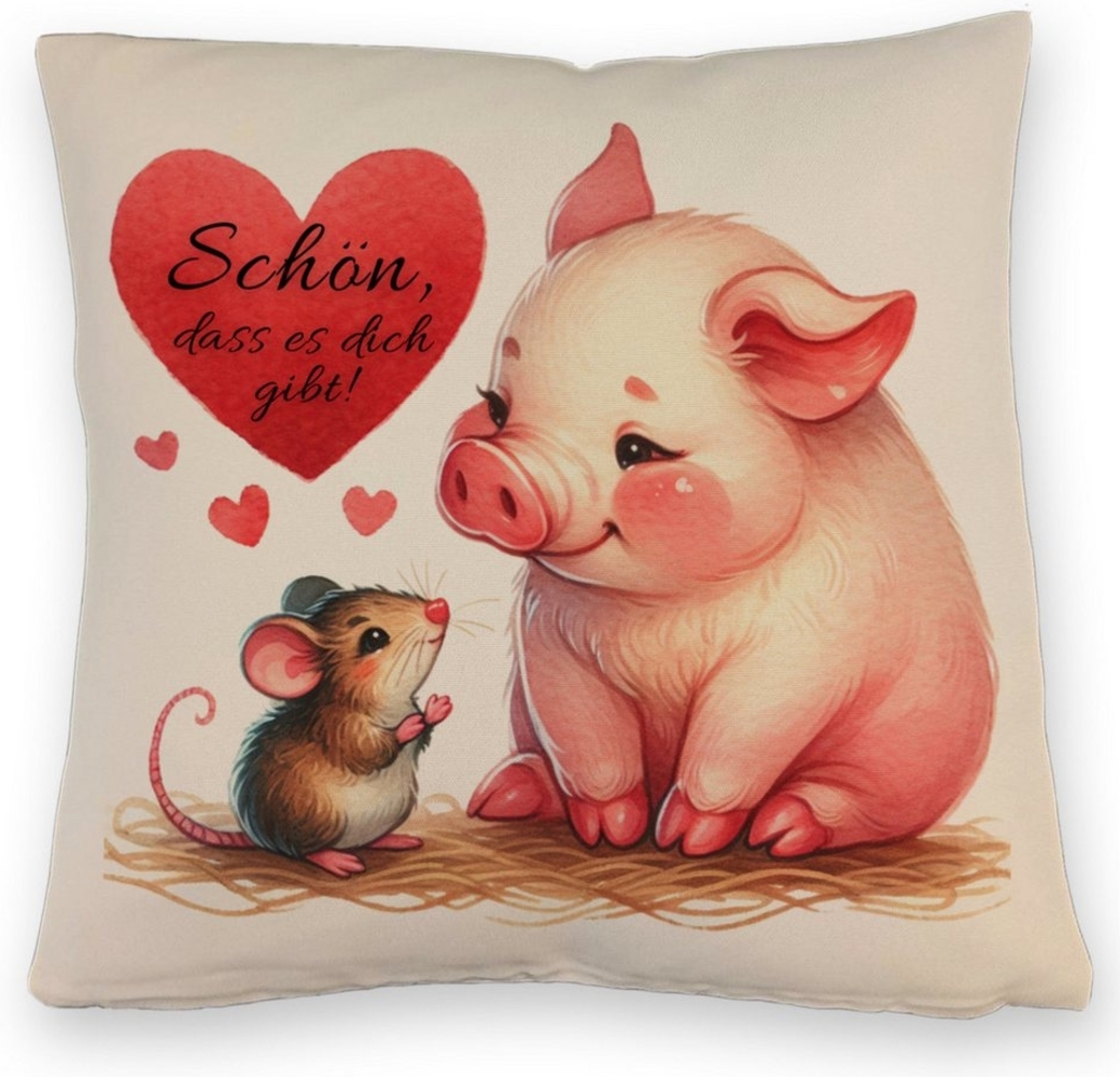 speecheese Dekokissen Schwein mit Maus und Herz Kissen Leinenoptik Spruch Schön dass es Bild 1