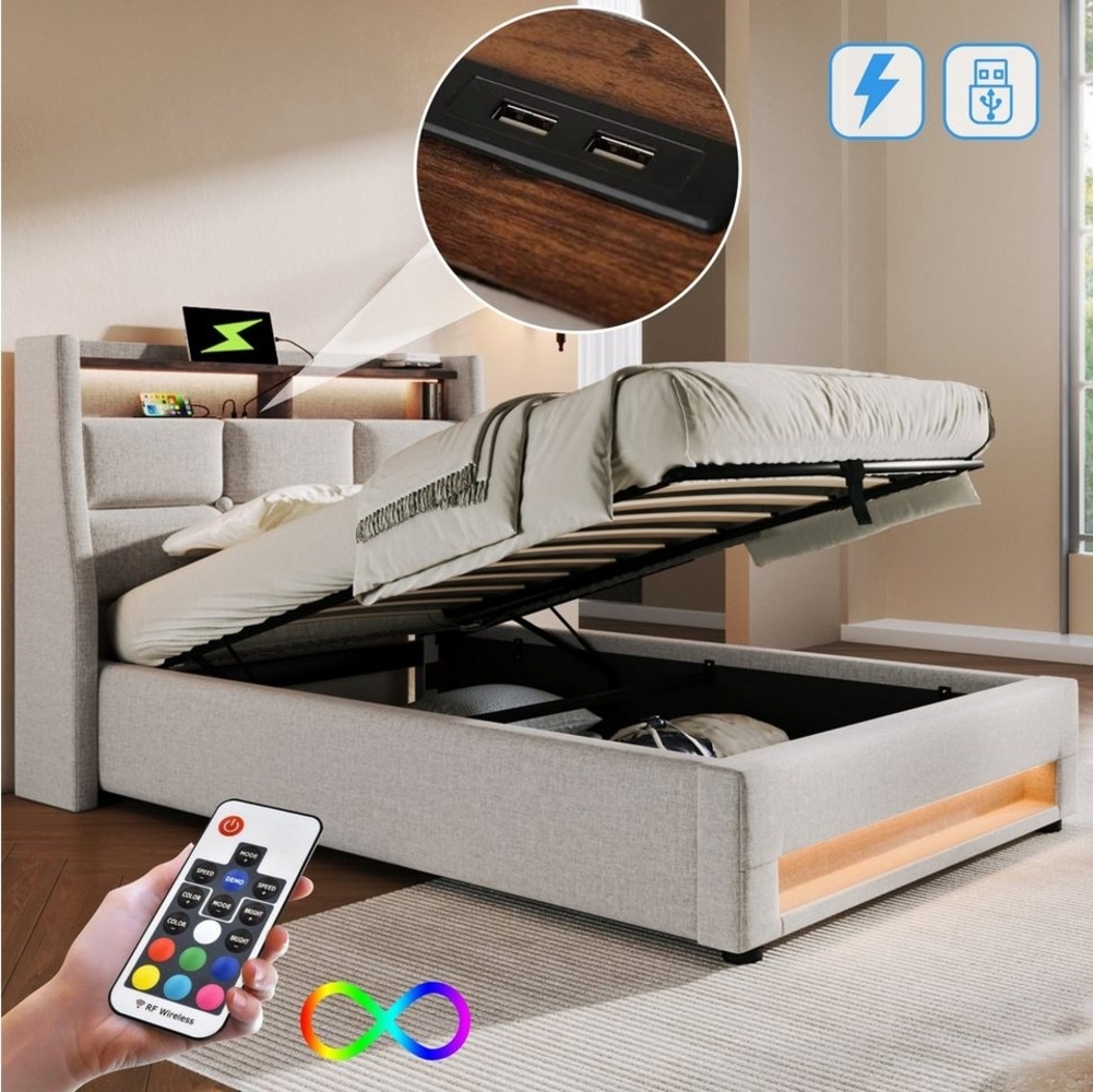 OKWISH Polsterbett Bett (LED Einzelbett mit Lattenrost aus Metallrahmen, Jugendbett) Bild 1