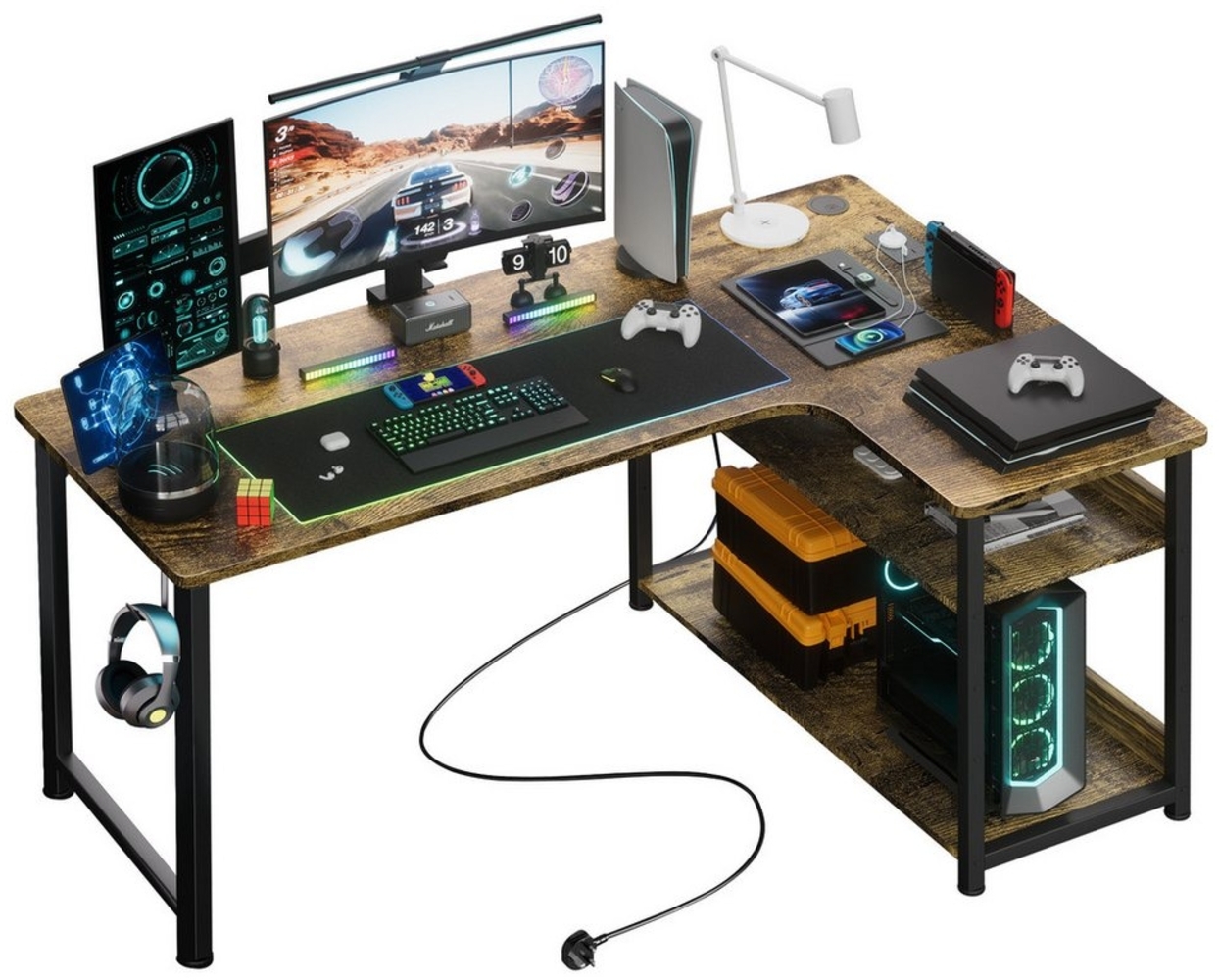 GTPLAYER Schreibtisch Gaming Tisch Eckschreibtisch mit Regal USB-Ladeanschluss und Steckdose (1 Tisch), 120cm Computertisch L Form, PC Tisch für Büro, Heimbüro Bild 1