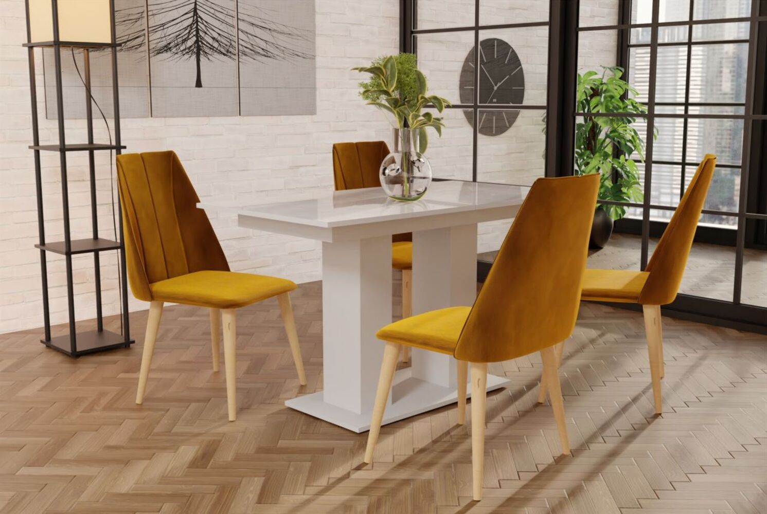 Essgruppe Weiss HGL-Tisch mit 4 Gelb CAROS Stühlen für Esszimmer oder Küche Bild 1