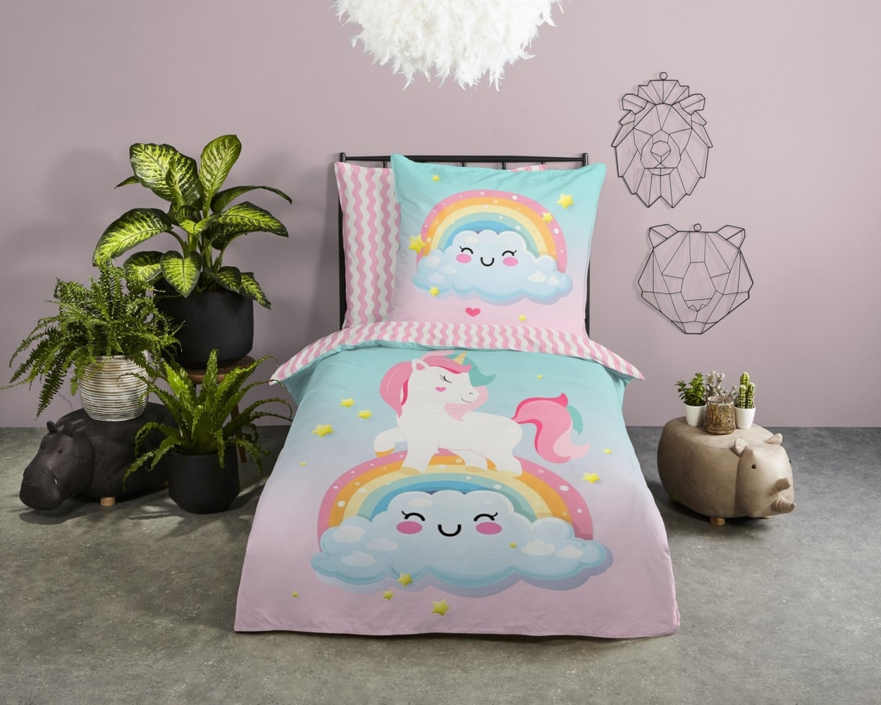 good morning Kinderbettwäsche Sweety, Renforcé, 2 teilig, Baumwolle, 135x200, Wendeoptik, Kind, Einhorn, Regenbogen, Rosa, Multi Bild 1