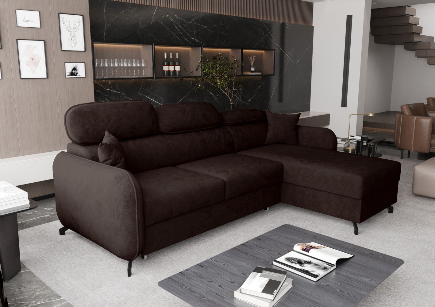AX LIVING Ecksofa mit Schlaffunktion Ribella 5 in L 265 cm, Samt schokobraun Rechts Bild 1