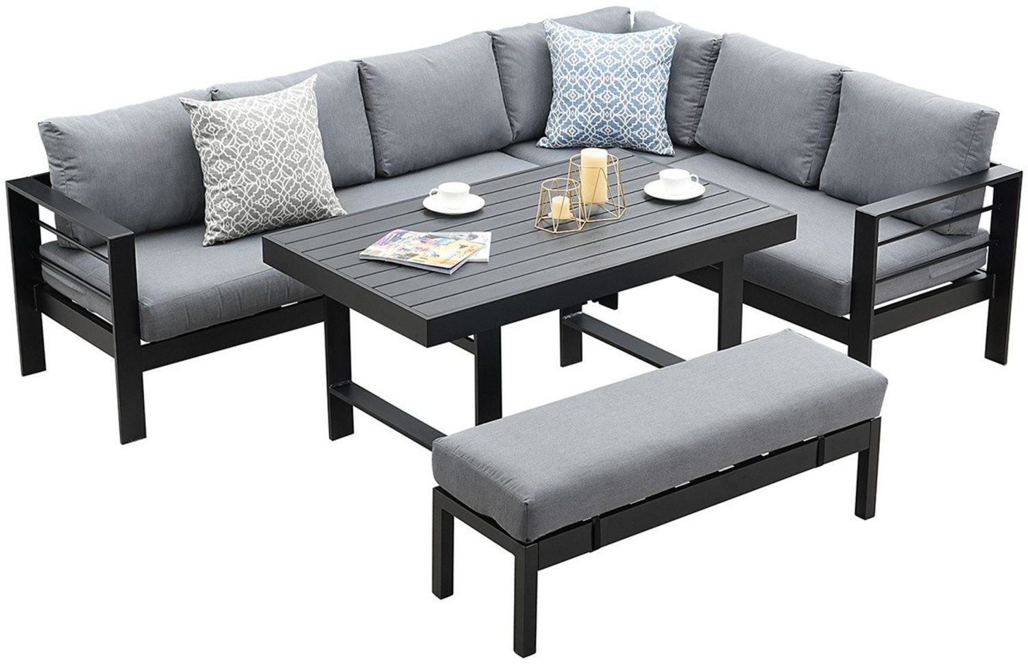 MeXo Gartenlounge-Set Gartenmöbel Set Aluminium, (Gartenlounge Ecklounge, 5-tlg, 3 Ecksofas, 1 Bank, 1 Esstisch, 11 dicke Kissen), Wetterfest Terrassenmöbel Set für 8 Personen Bild 1