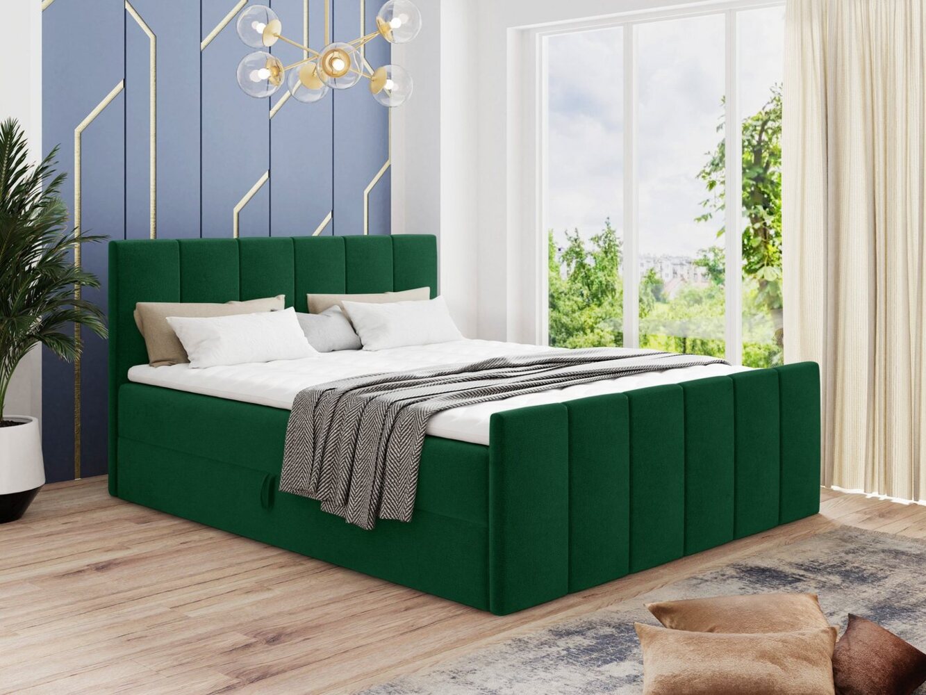 Boxspringbett Star Lux mit Fußteil, 2 Bettkästen und Matratzentopper - Doppelbett mit Topper, Bonell-Matratze, Polsterbett, Bett (Dunkelgrün (Kronos 19), 160 x 200 cm) Bild 1