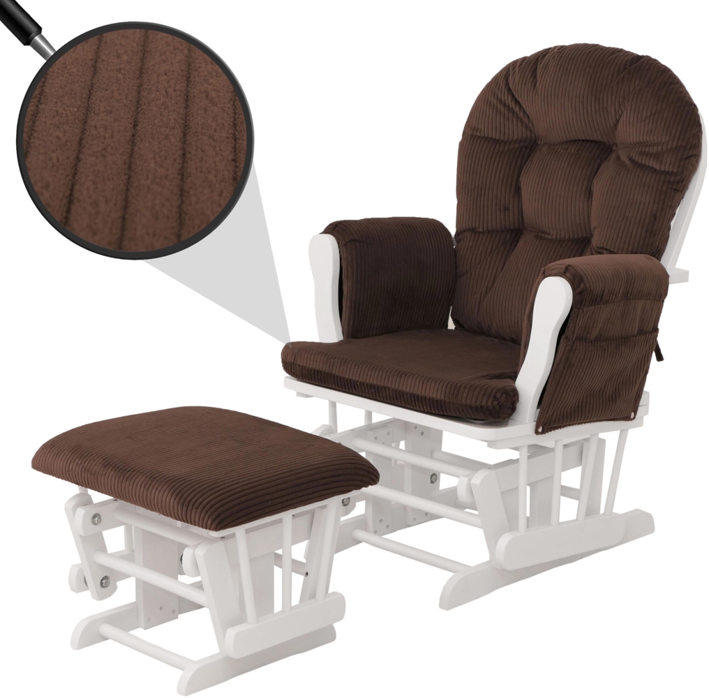 Relaxsessel HWC-C76, Schaukelstuhl Sessel Schwingstuhl mit Hocker Stoff Cord 320g/m² Öko-Tex ~ braun Gestell weiß Bild 1