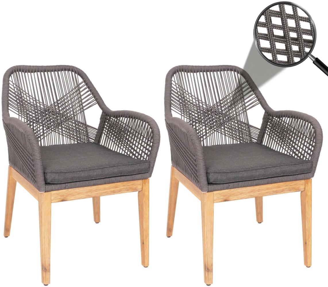 2er-Set Gartenstuhl HWC-H56b, Sessel Outdoor, wetterfest Seilgeflecht Holz Akazie ~ grau Kissen anthrazit Bild 1