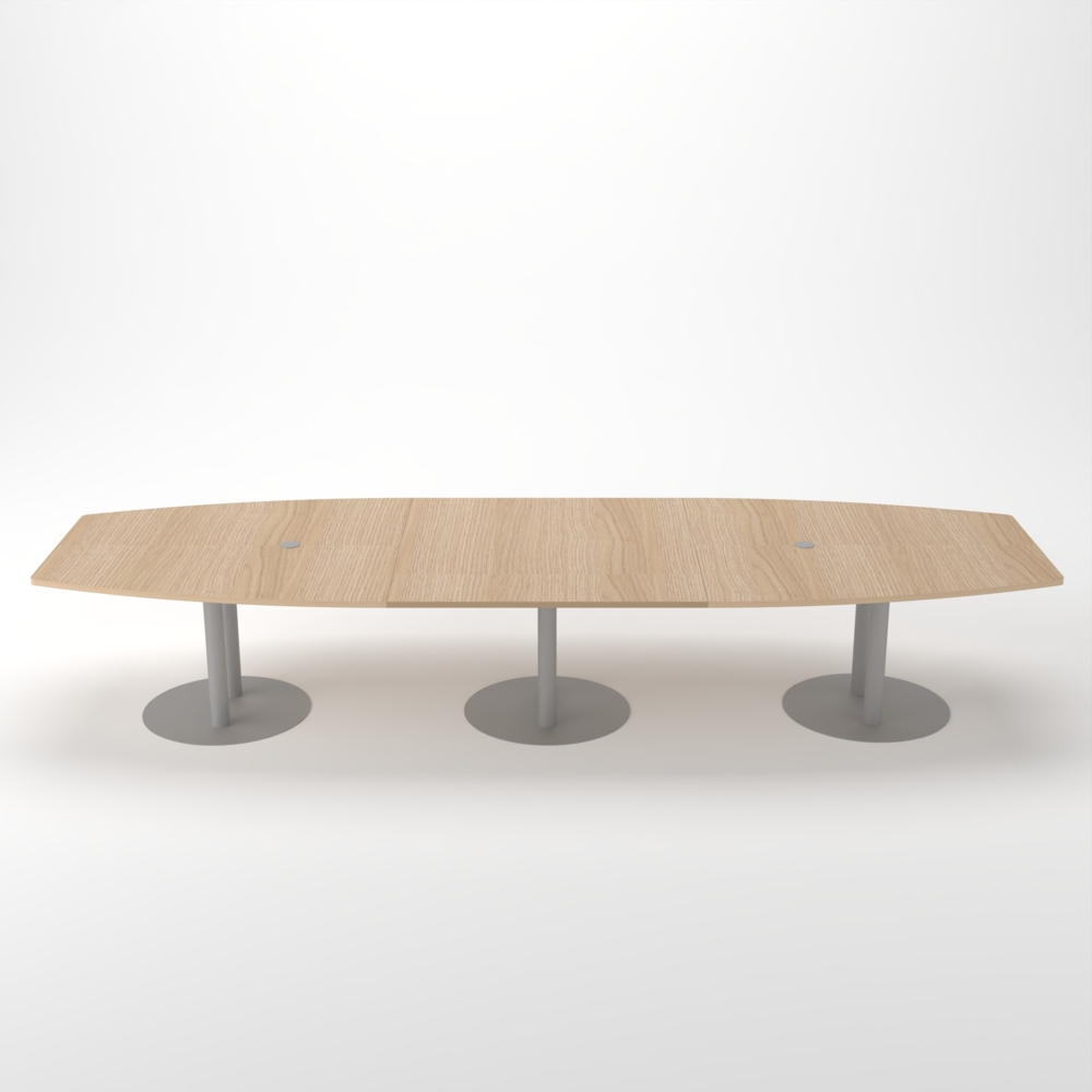 Rheinland Möbel Konferenztisch KONTI 400x130 cm – ovaler Besprechungstisch in Eiche mit silbernen Säulenfüßen & 2 Kabelauslässen, erweiterbarer Meetingtisch für 12–14 Personen, moderner XXL-Tisch fürs Büro Bild 1