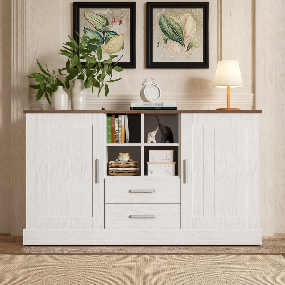 Merax Sideboard 140 x 40 x 79,5 cm, weiße und braune Holzmaserung - 2 Türen, 2 Schubladen Bild 1